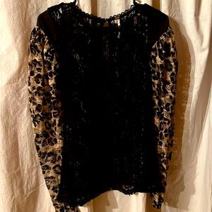 Free People Black lace with leopard sleeves top. Size M